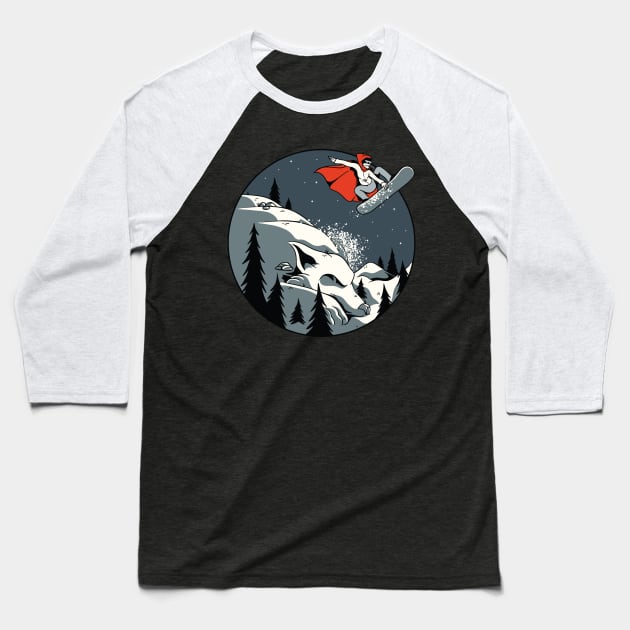 Little Red Ridding Hood Snowboarding Down the Snow White Wolf Mountain Baseball T-Shirt by Kali Space